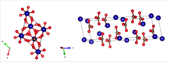 Two views of the Spherocobaltite structure, blue atoms are cobalt, red oxygen and brown are carbon. 